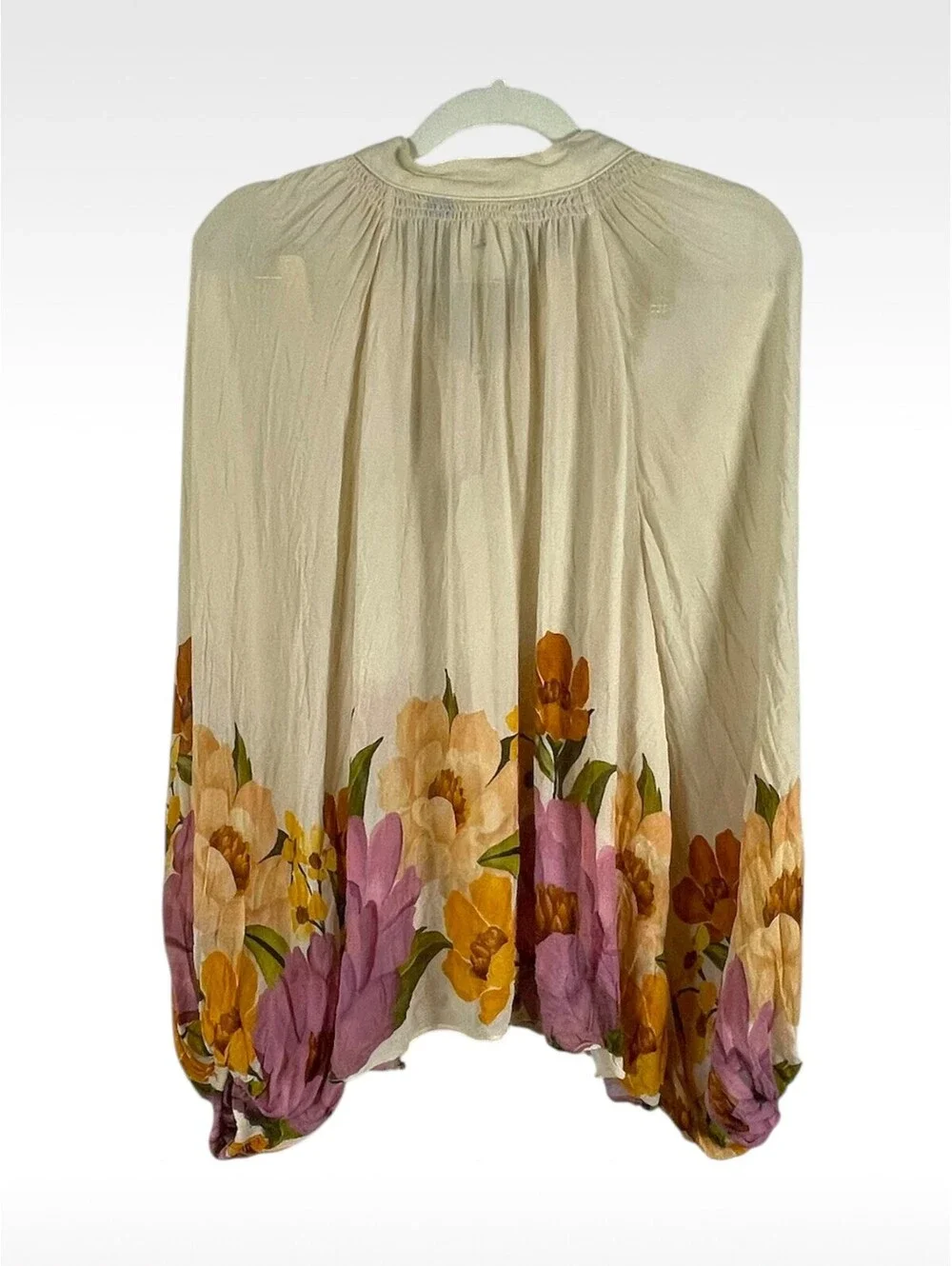 FARM Rio Anthropologie Size S Cream Floral Balloon Sleeve High-Neck Blouse Boho